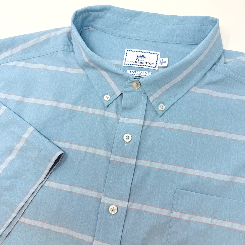 Southern Tide Intercoastal Mens XXL Light Blue Striped Short Sleeve Button Shirt